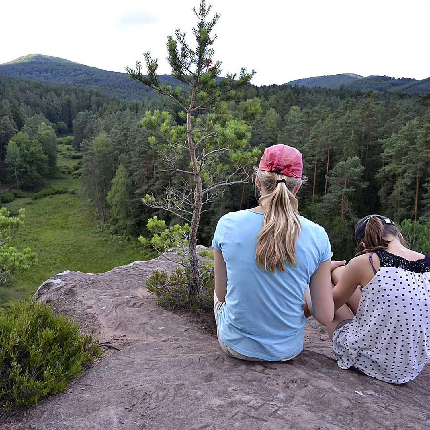 Frauen mit Kind chillen oben im Wald